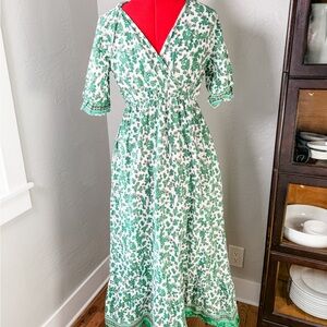 Lapogee Green Floral Cotton Linen Maxi Dress Boho Cottagecore India Made Small